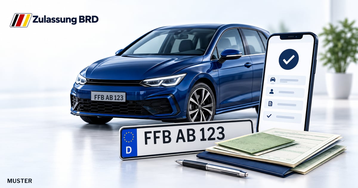 Online Fahrzeugzulassung in Landkreis Fürstenfeldbruck: Musterkennzeichen FFB AB 123, Auto und Fahrzeugpapiere und Smartphone. Illustration mit Logo von Zulassung BRD.